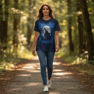 Vintage 90s Wolf Moon T-Shirt Mens Howling Forest Trees Art Blue